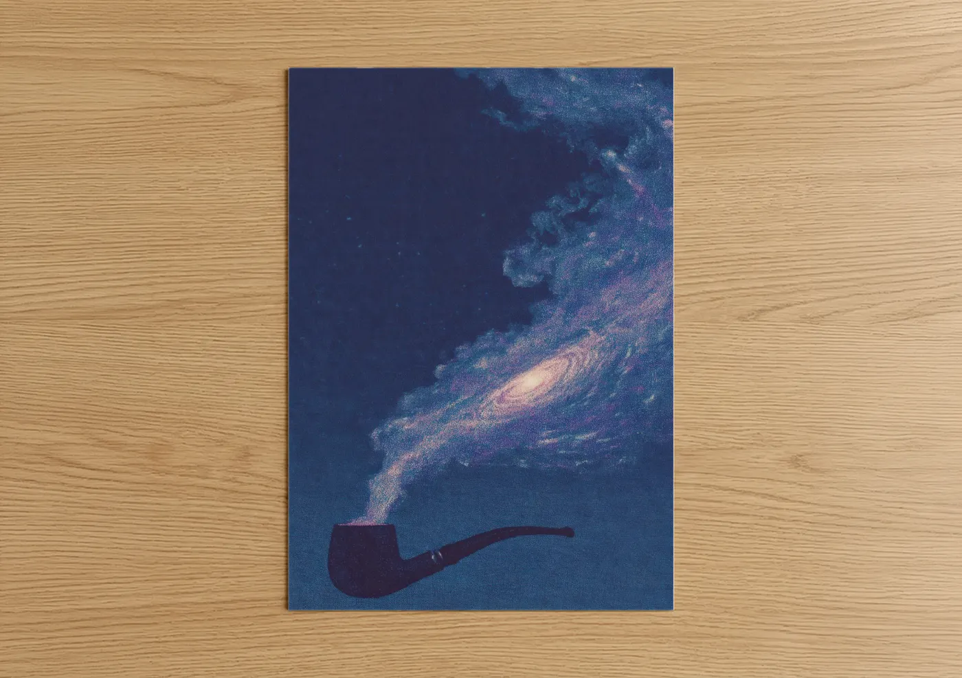 Art print on warm oak wood — blue and gold palette — Cosmic Smoke poster