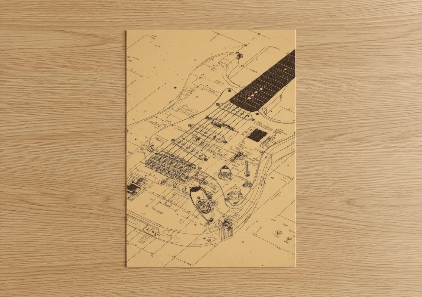 Electric guitar art print on warm oak wood — beige and black palette — Blueprint Guitar poster