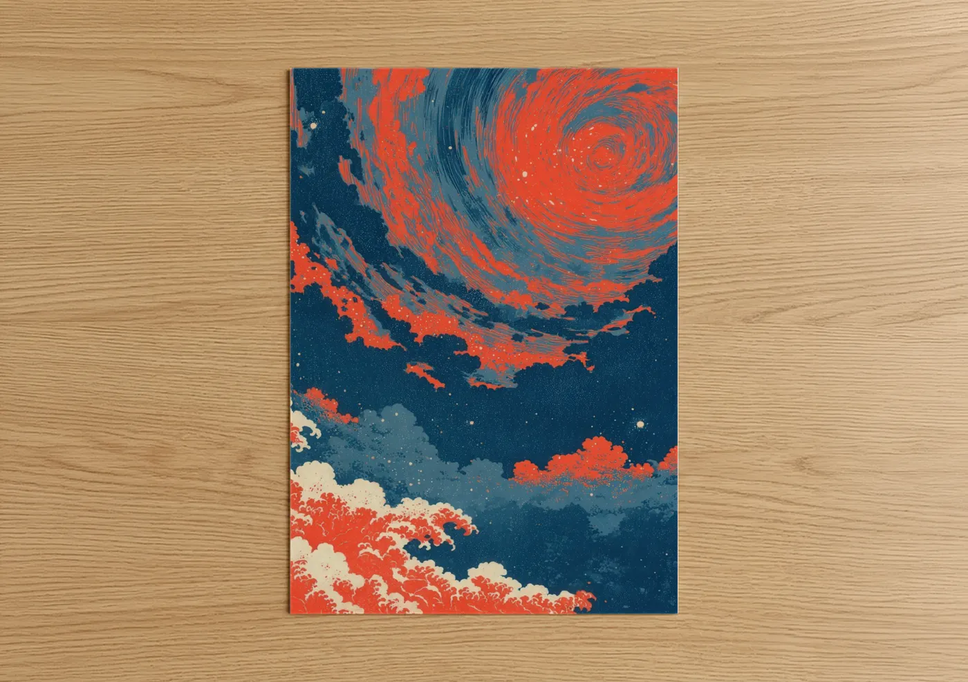 Art print on warm oak wood — red and dark blue palette — Crimson Supernova poster