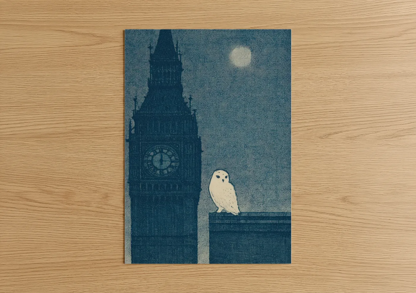 Big ben art print on warm oak wood — dark blue and white palette — Snowy Owl London poster