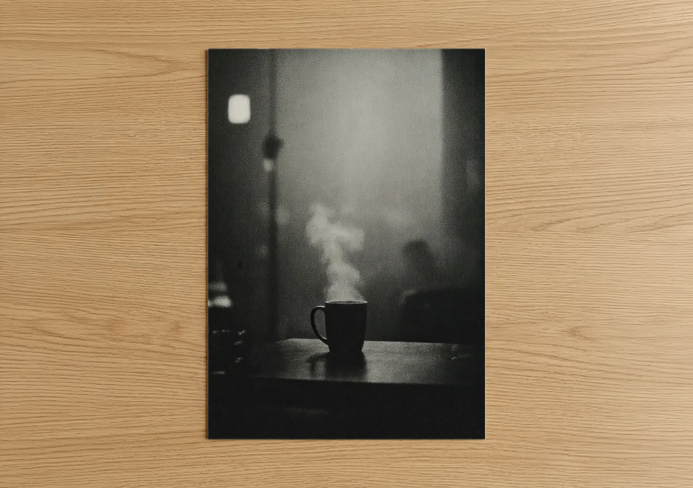Art print on warm oak wood — black and white palette — Steaming Morning Coffee poster