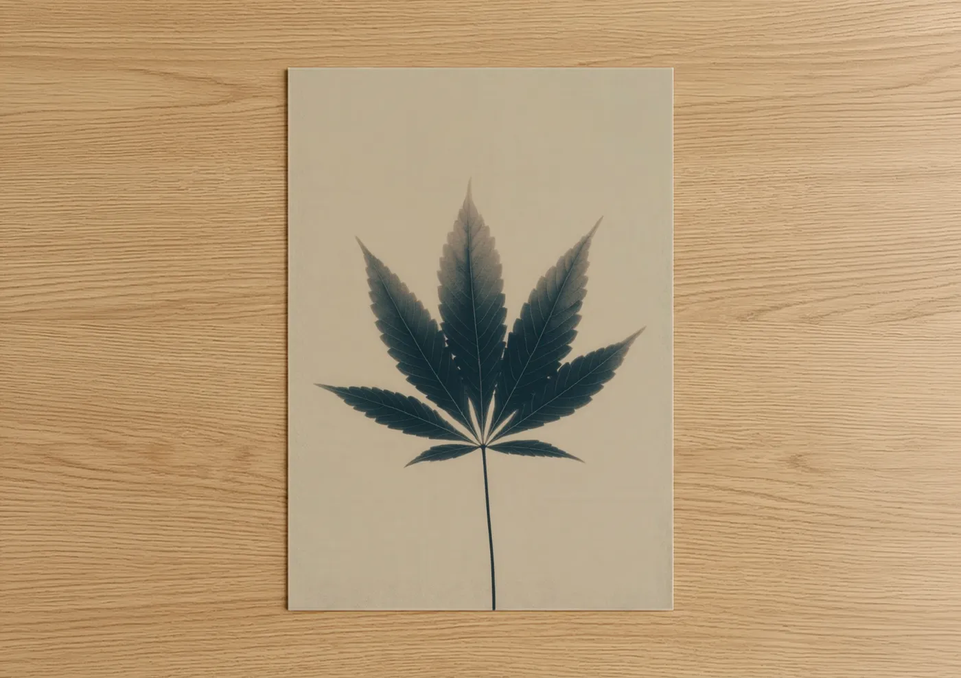 Marijuana art print on warm oak wood — beige and gray palette — Botanical Cannabis poster