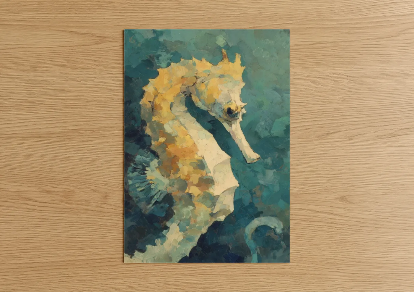 Sea horse art print on warm oak wood — gold and teal palette — Golden Seahorse poster