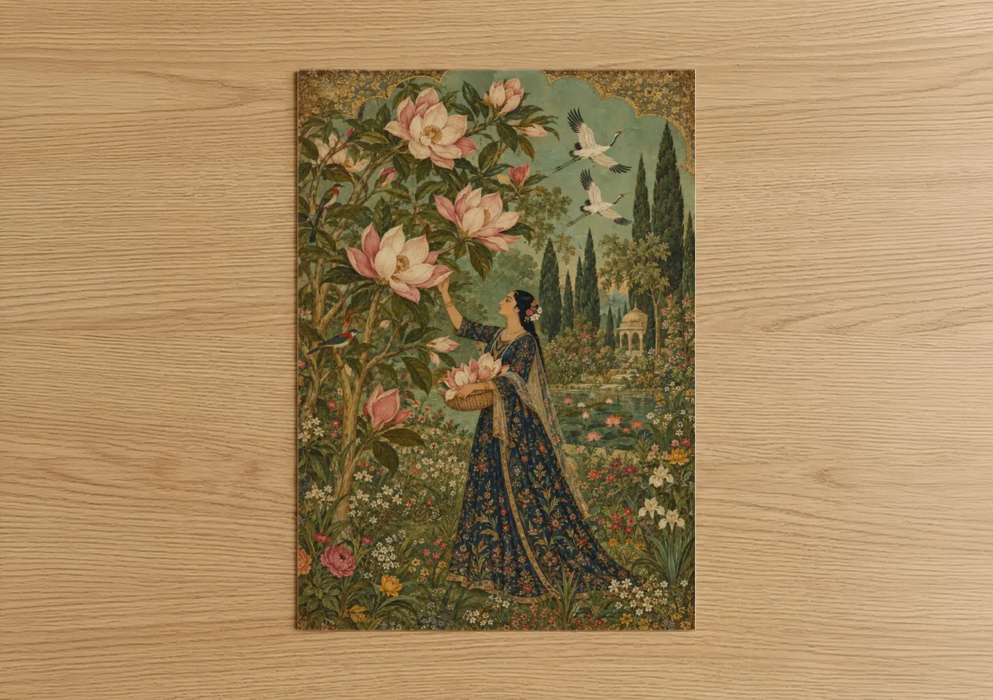 Art print on warm oak wood — sage green and gold palette — Woman With Magnolia Blossoms Garden Wall Art poster