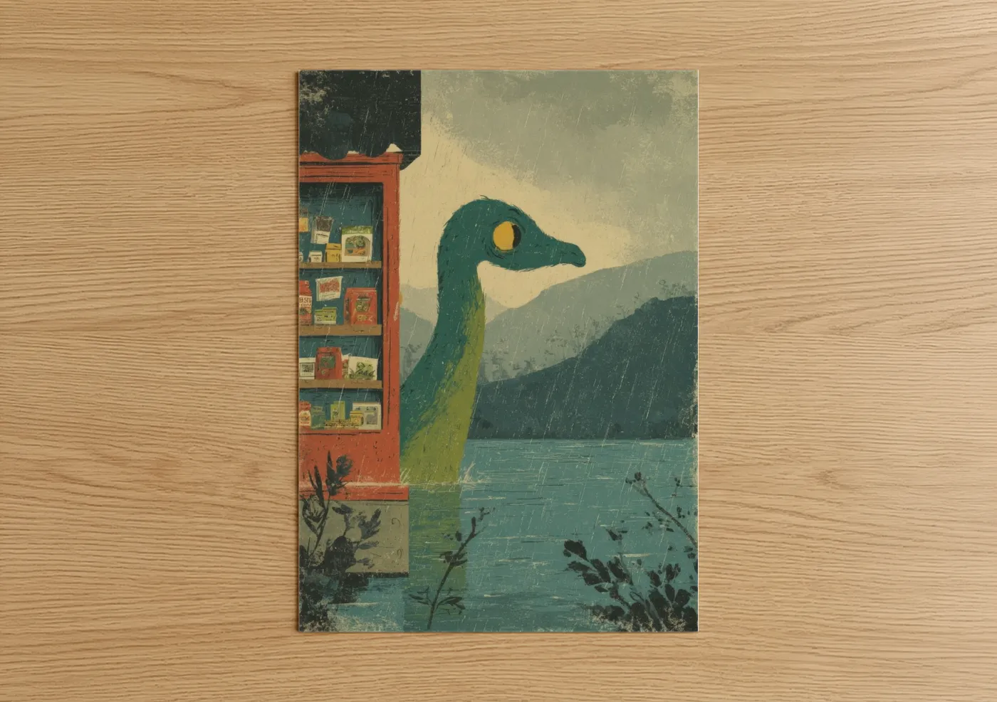 Loch ness monster art print on warm oak wood — dark green and cream palette — Loch Ness Serenity poster
