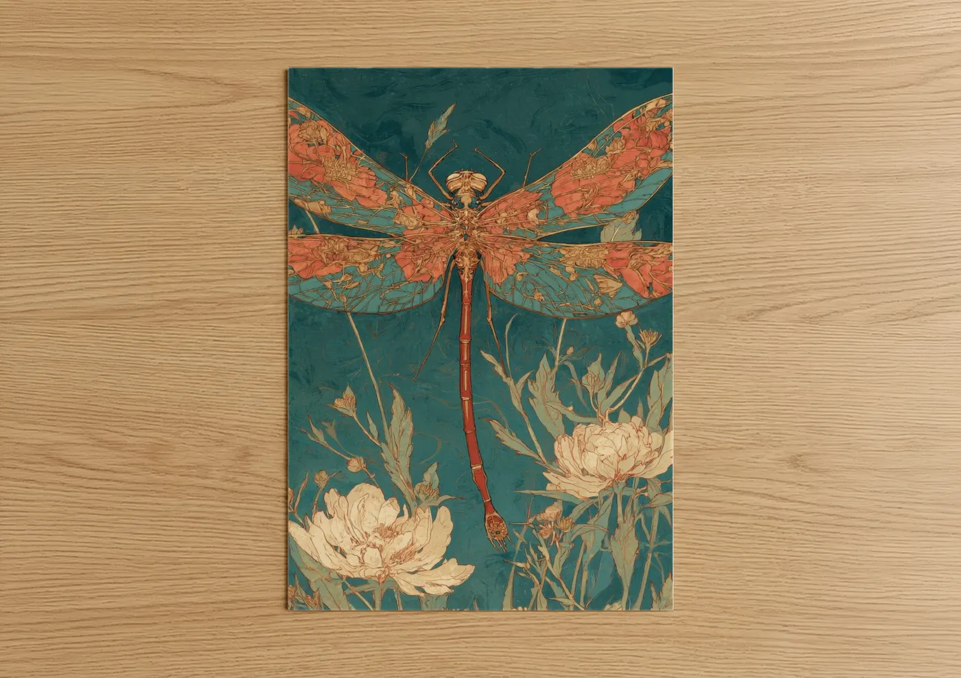 Coral Dragonfly Botanical Art Print Wall Art