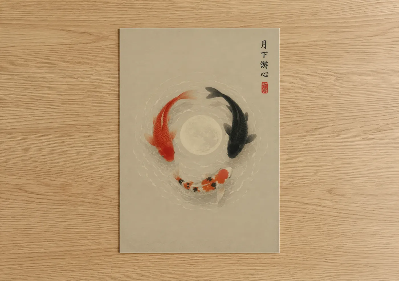 Art print on warm oak wood — beige and black and white palette — Japanese Koi Fish Circle Wall Art poster