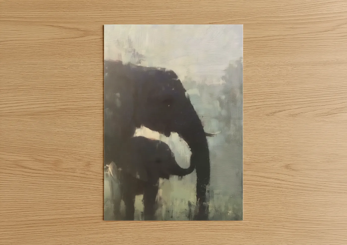 Art print on warm oak wood — gray and white and dove gray palette — Misty Savanna Elephant poster