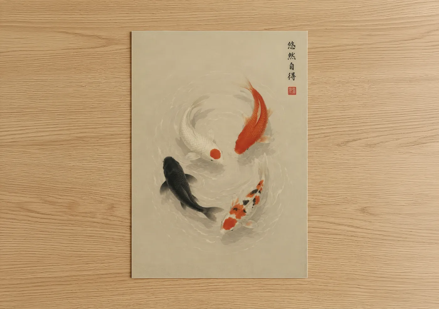 Art print on warm oak wood — orange and beige palette — Koi Fish Circle Japanese Wall Art poster