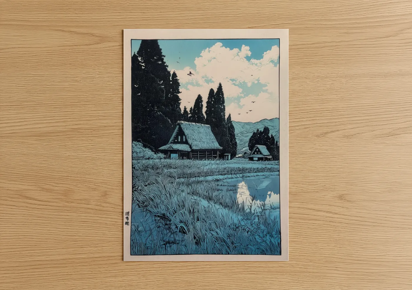Various landscapes art print on warm oak wood — blue and white and dark green palette — Riverside Cottage Vale poster