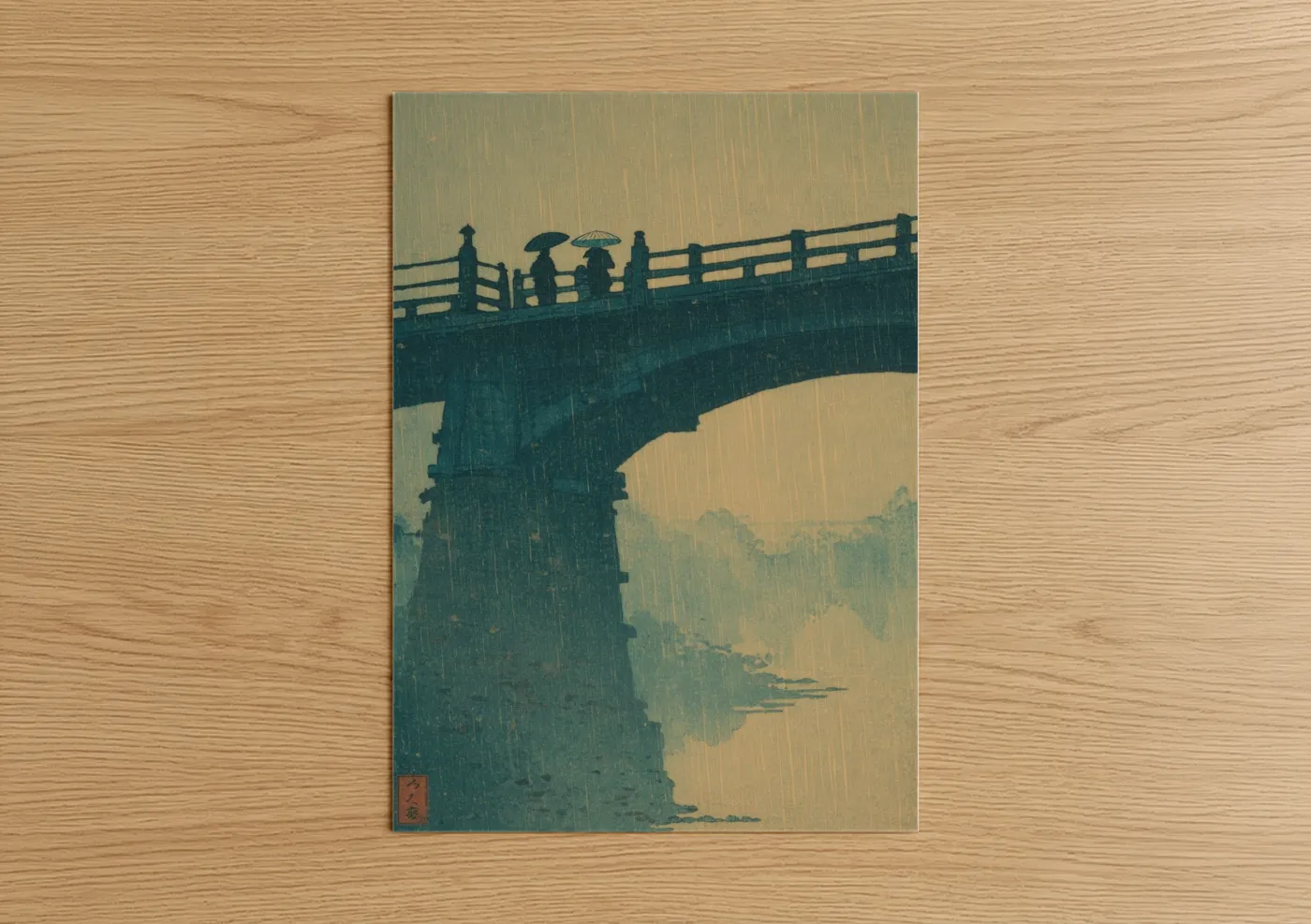 Storm art print on warm oak wood — teal and cream palette — Rainy Bridge Crossing poster