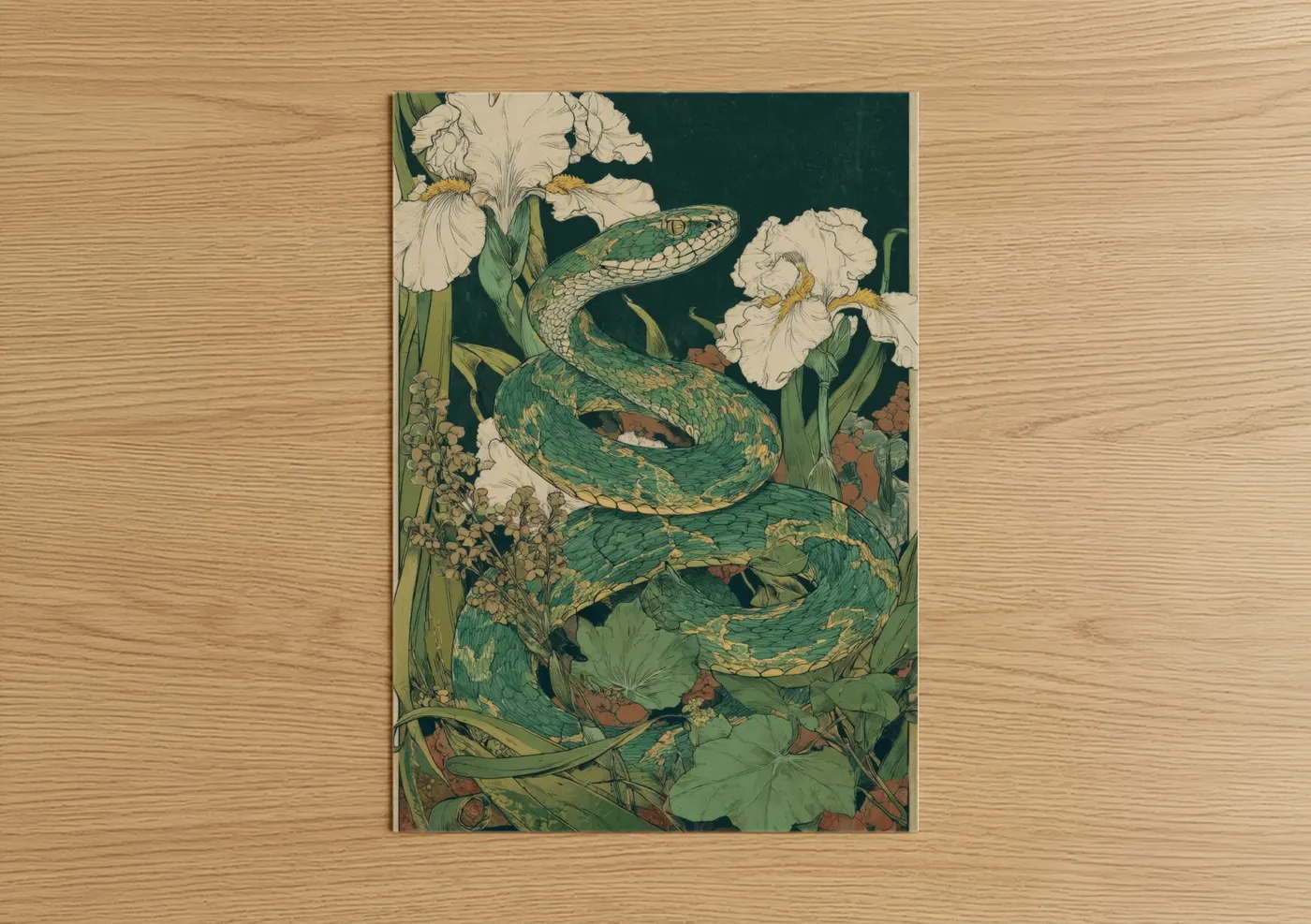 Art print on warm oak wood — dark green and cream palette — Garden Viper poster
