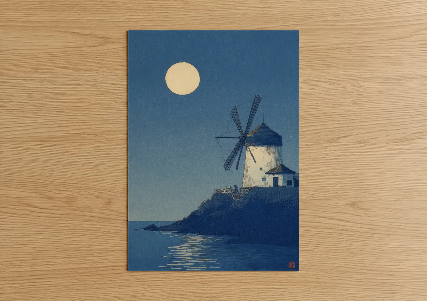 Moonlit Windmill Coastal Night Scene Wall Art