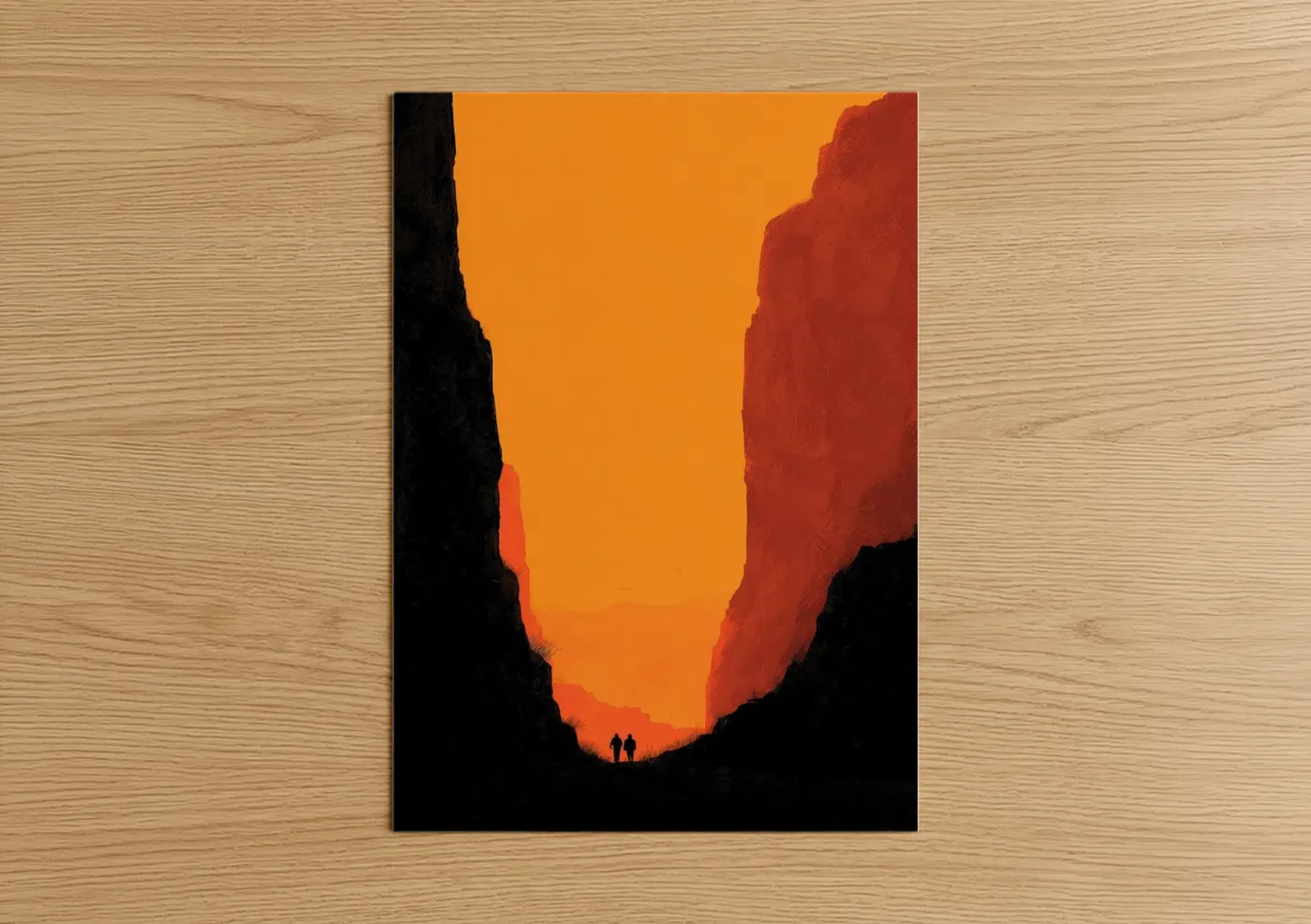Art print on warm oak wood — orange and red palette — Crimson Canyon Sunset poster