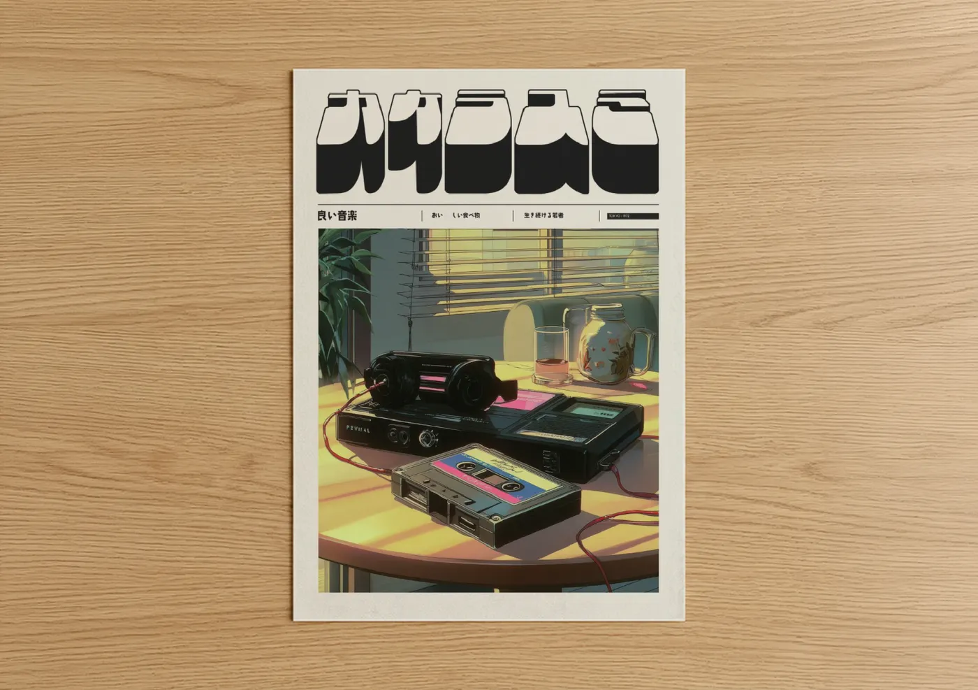 Casette art print on warm oak wood — yellow gold and black palette — Retro Cassette Setup poster