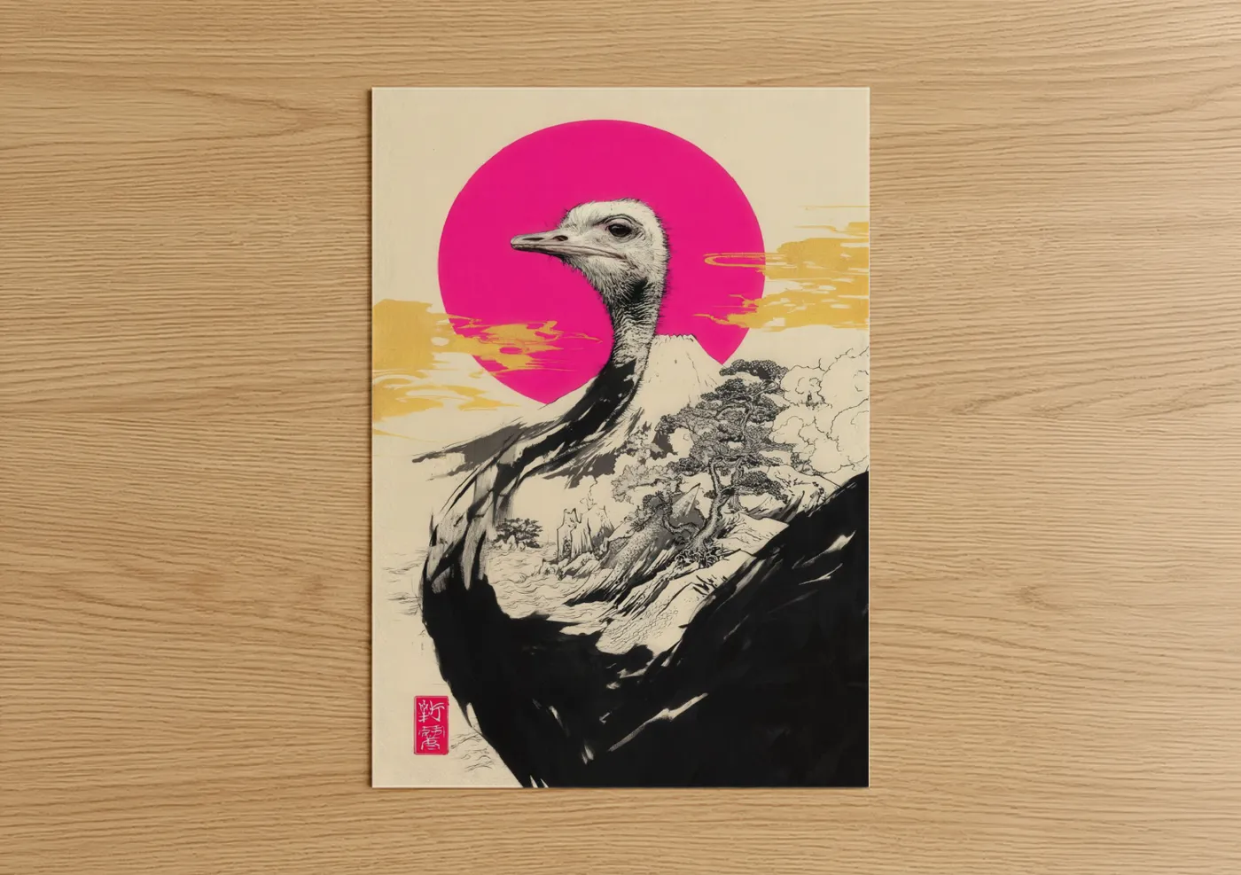 Art print on warm oak wood — magenta and gold palette — Magenta Ostrich poster