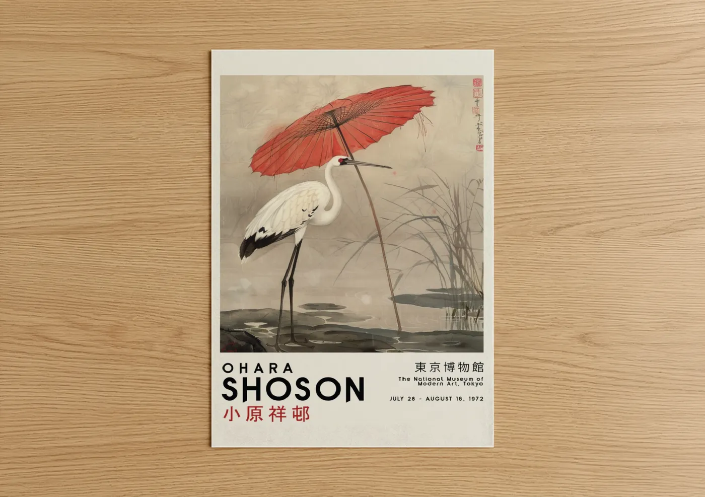 White Crane Red Umbrella Japanese Wall Art