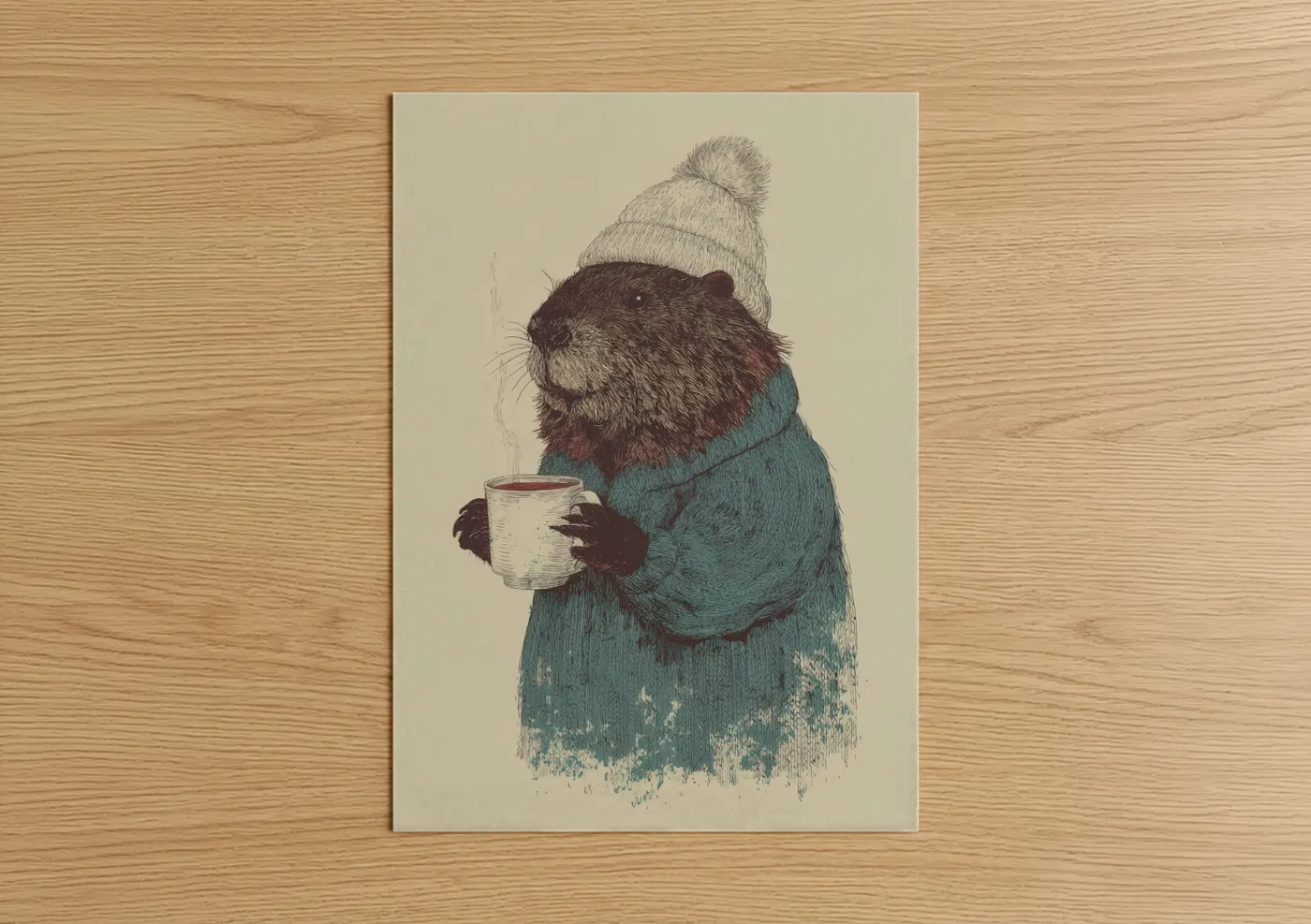 Cozy Beaver Winter Coffee Illustration Wall Art
