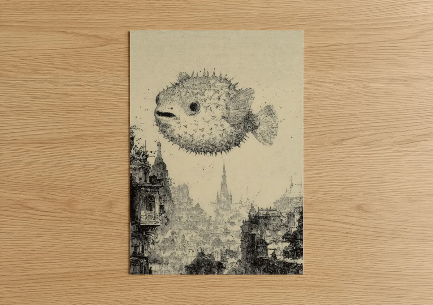Steampunk Puffer Fish Over City Wall Art