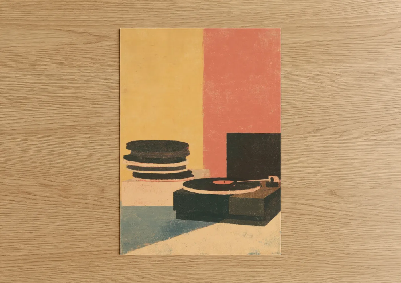 Vinyl records art print on warm oak wood — yellow gold and salmon pink palette — Vintage Turntable poster