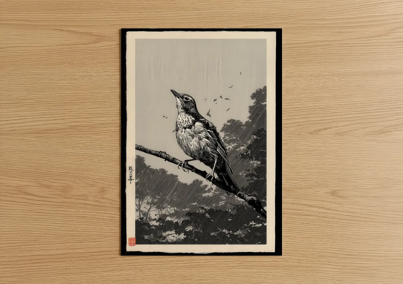 Perched Thrush in Rain Japanese Wall Art