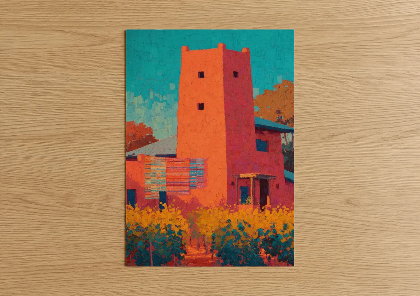 Towers art print on warm oak wood — orange and turquoise palette — Crimson Desert Tower poster