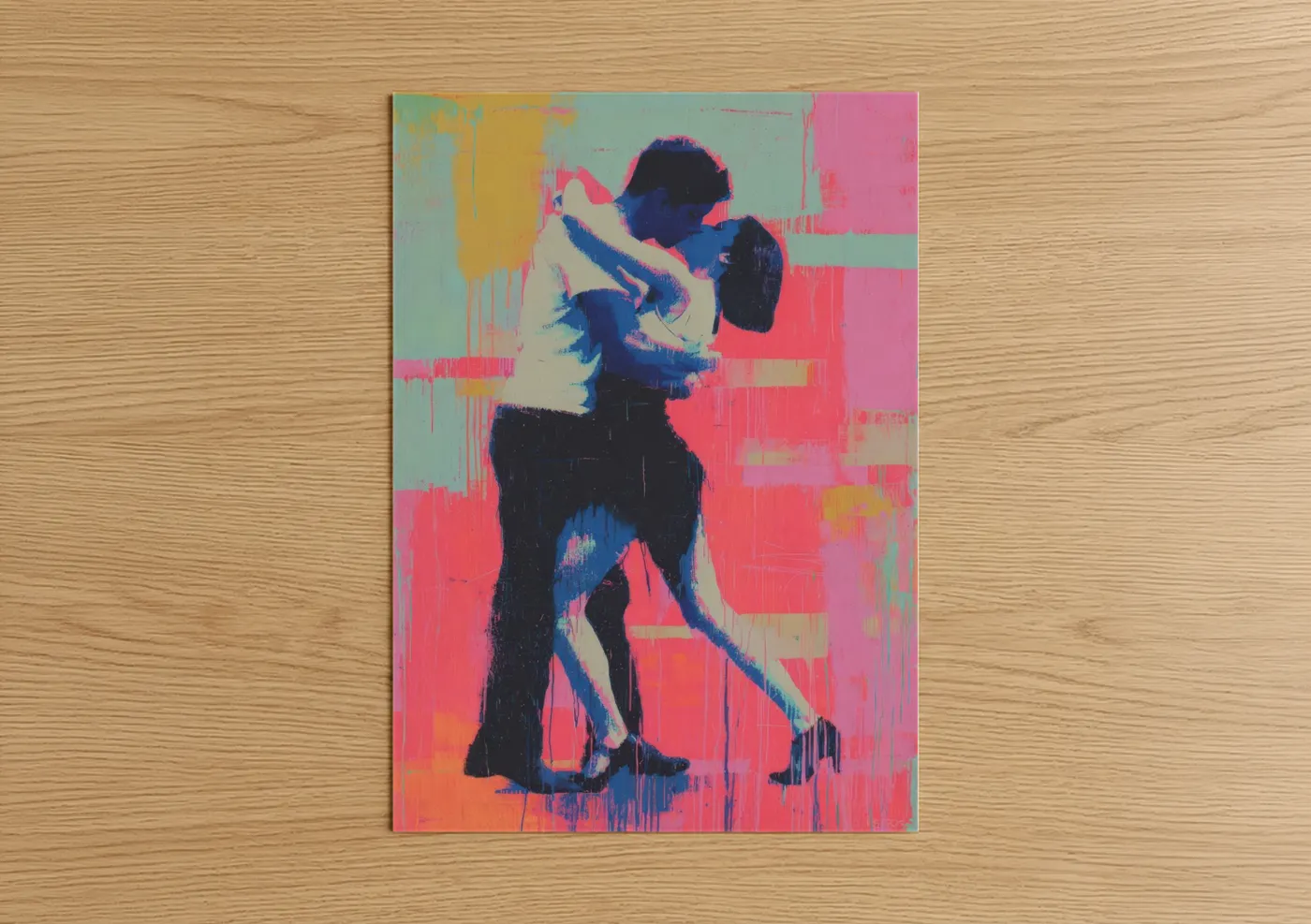 Art print on warm oak wood — magenta and royal blue palette — Neon Salsa Dance poster