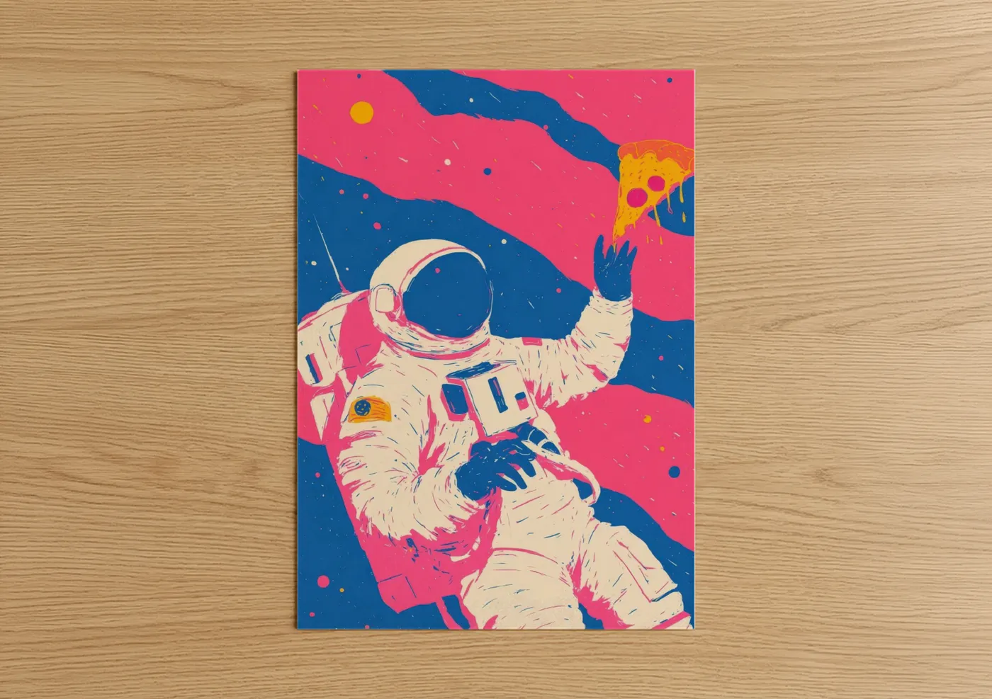 Art print on warm oak wood — magenta and royal blue palette — Pizza Astronaut poster