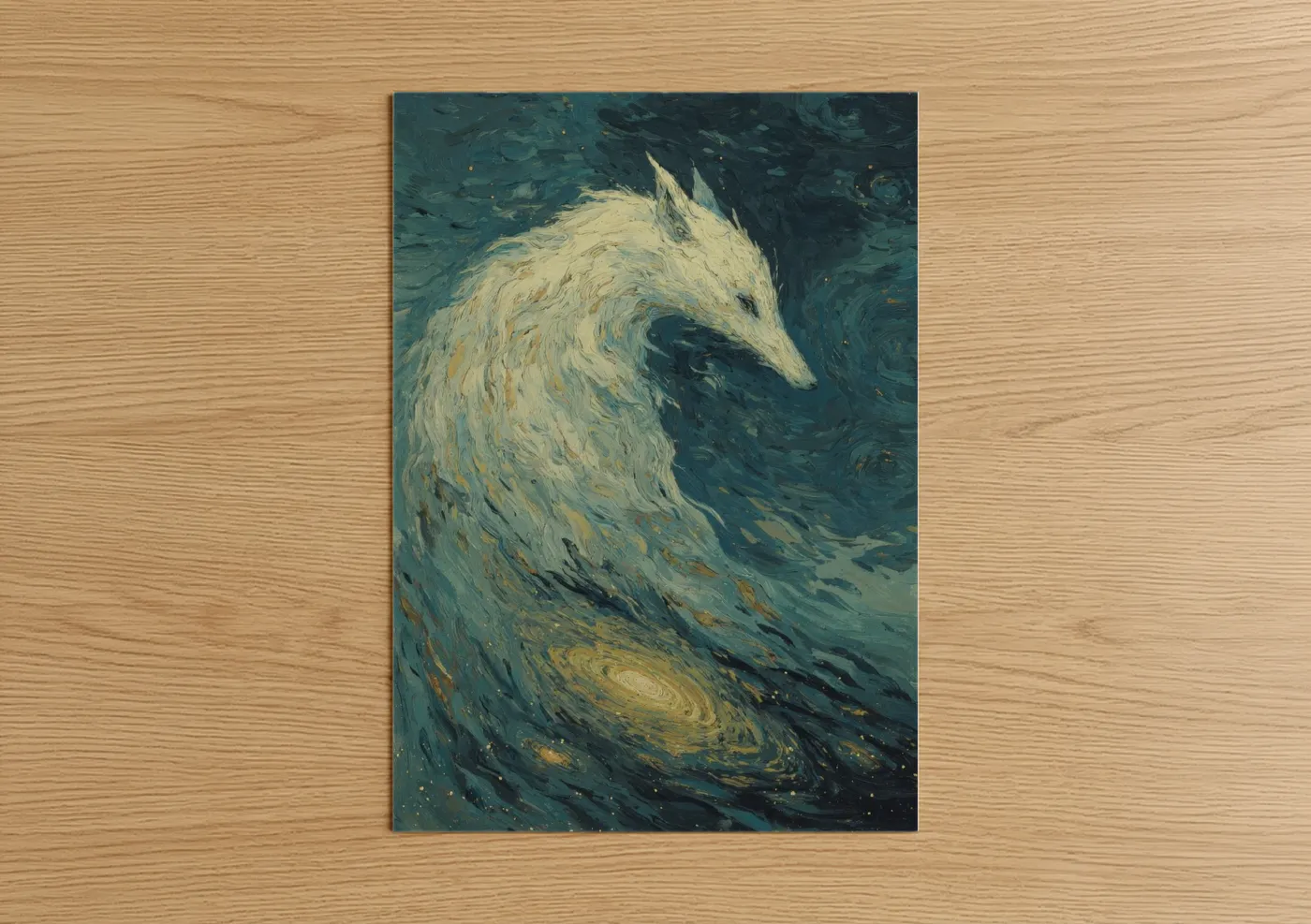 Art print on warm oak wood — teal and gold palette — Ethereal Chimera poster