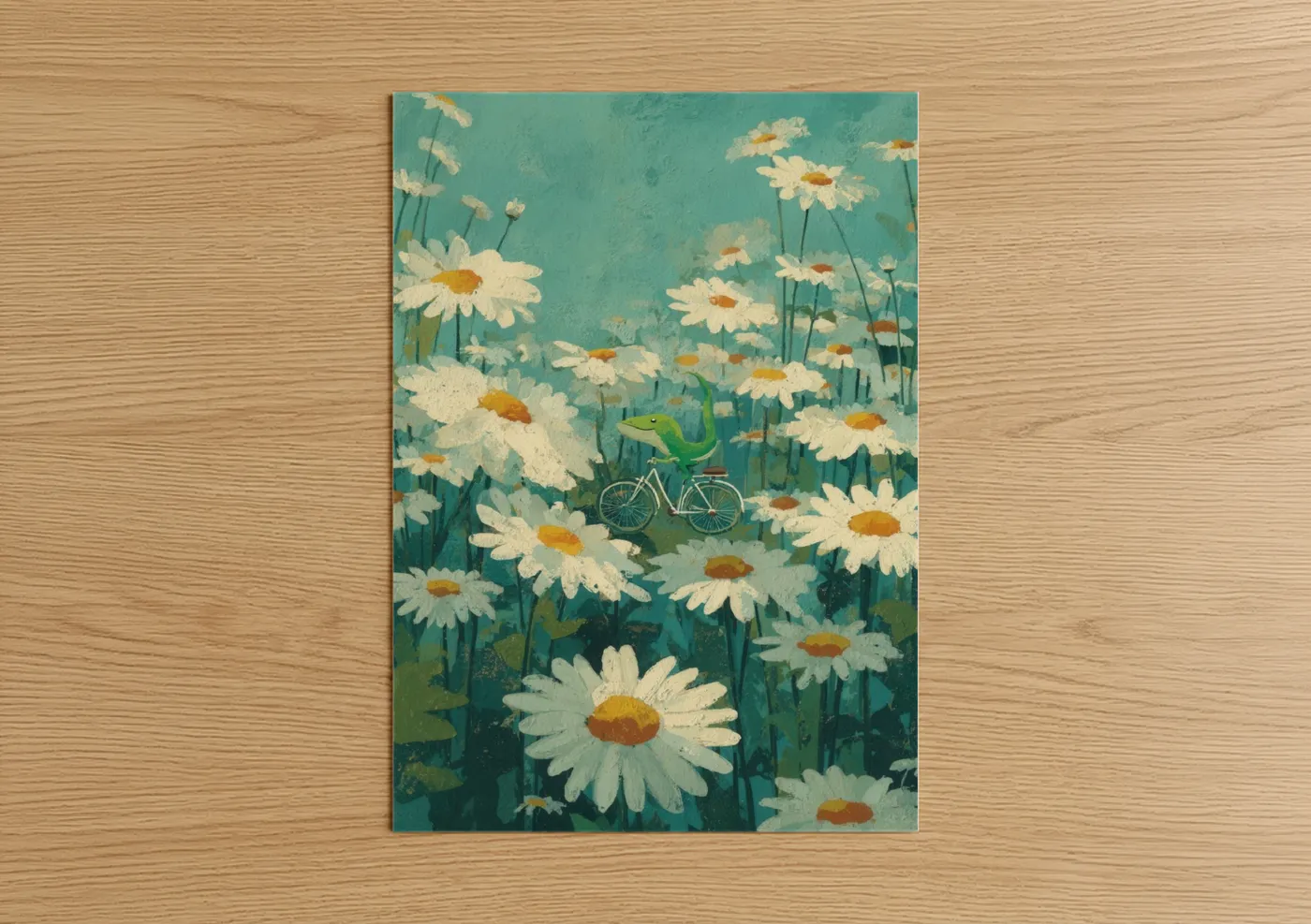 Whimsical Lizard Daisy Field Illustration Wall Art