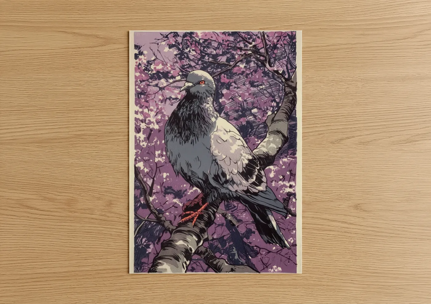 Art print on warm oak wood — lavender and black and white palette — Blossom Pigeon poster