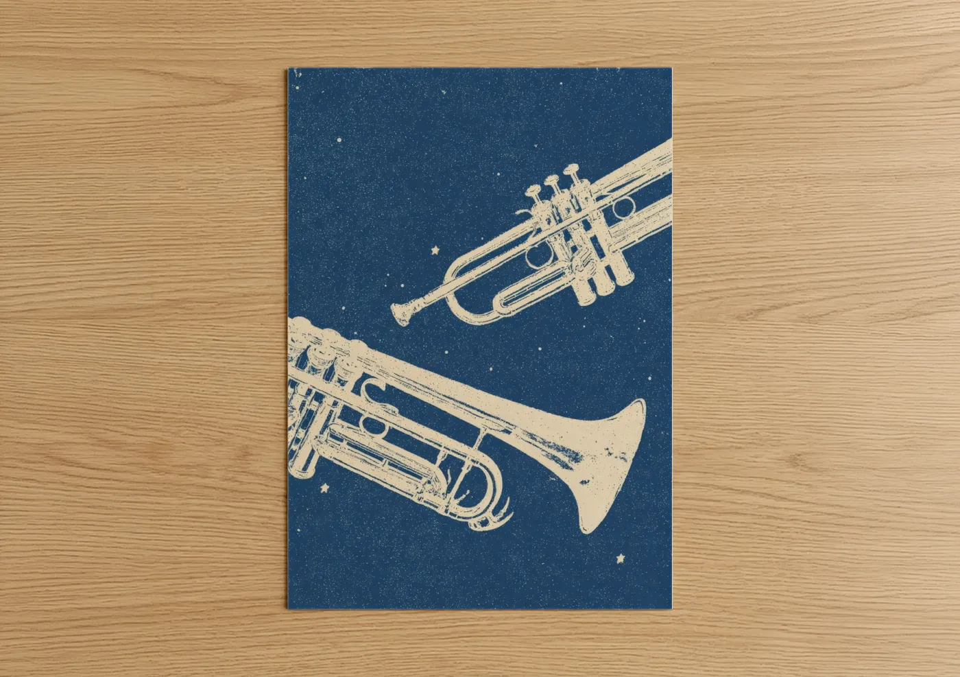 Art print on warm oak wood — dark blue and cream palette — Starry Trumpet Duet poster