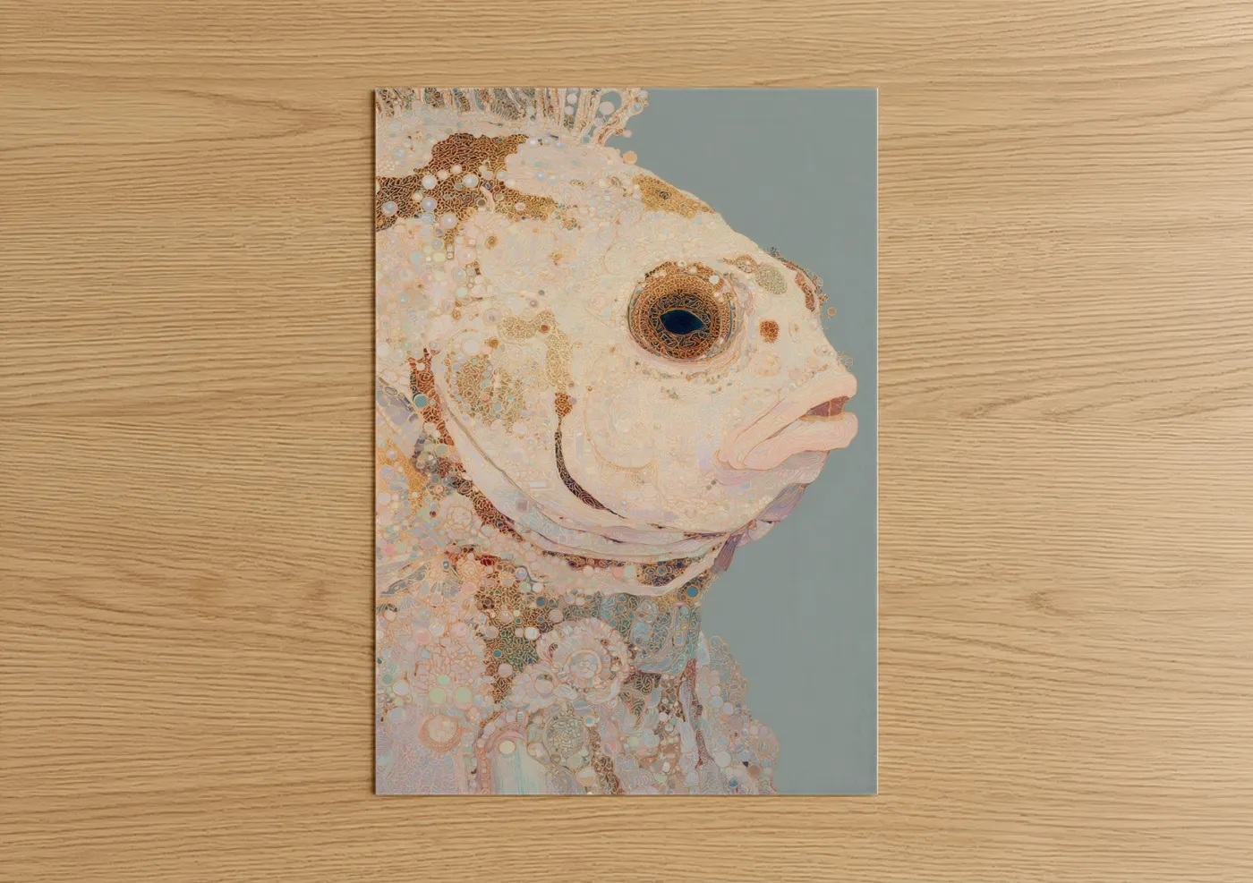 Art print on warm oak wood — gold and cream palette — Golden Puffer Fish poster