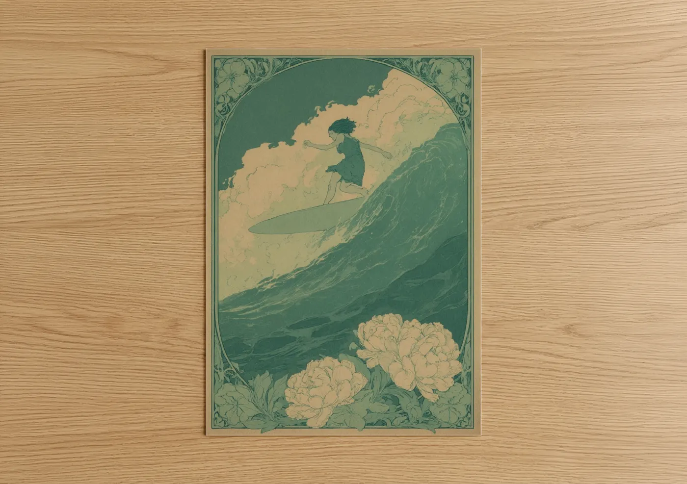 Vintage Wave Surfer Art Deco Illustration Wall Art