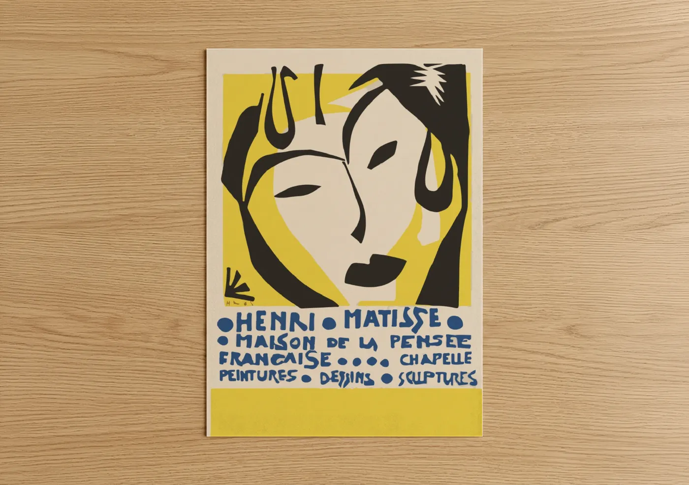Fashion illustration art print on warm oak wood — yellow and black and white palette — Matisse Fashion Portrait poster