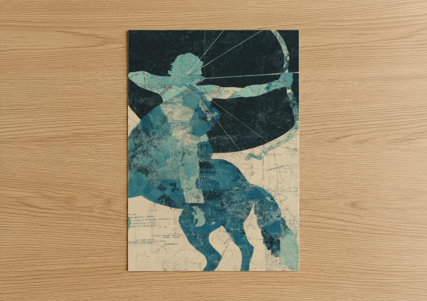 Art print on warm oak wood — teal and cream palette — Archer Sagittarius poster