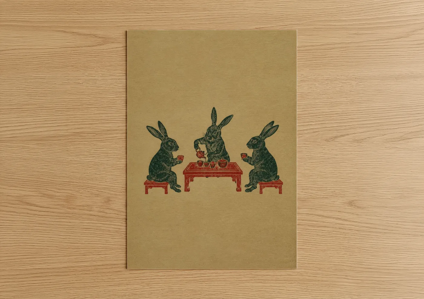 Art print on warm oak wood — beige and red palette — Japanese Tea Ceremony Rabbits Wall Art poster