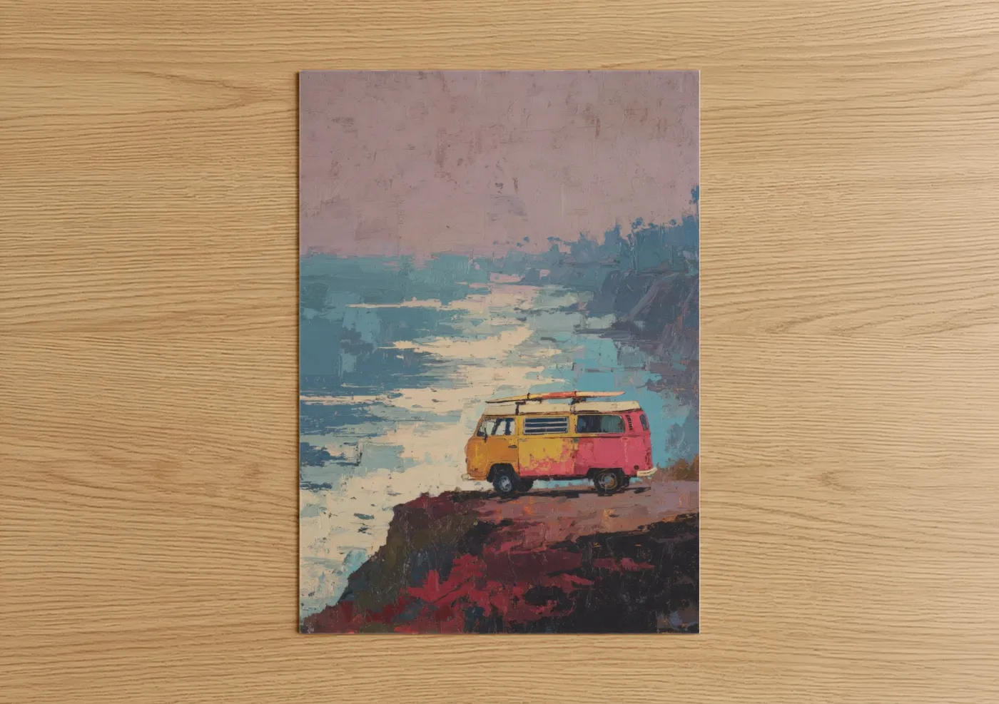 Colorful Surfer Van Ocean Cliff Wall Art