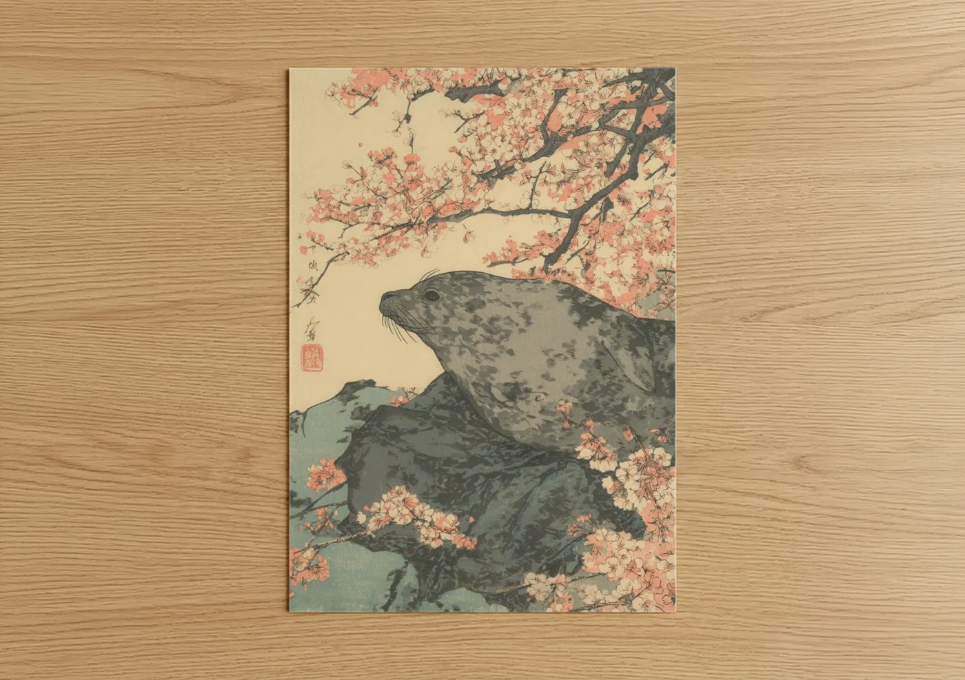 Art print on warm oak wood — peach and cream palette — Cherry Blossom Seal poster