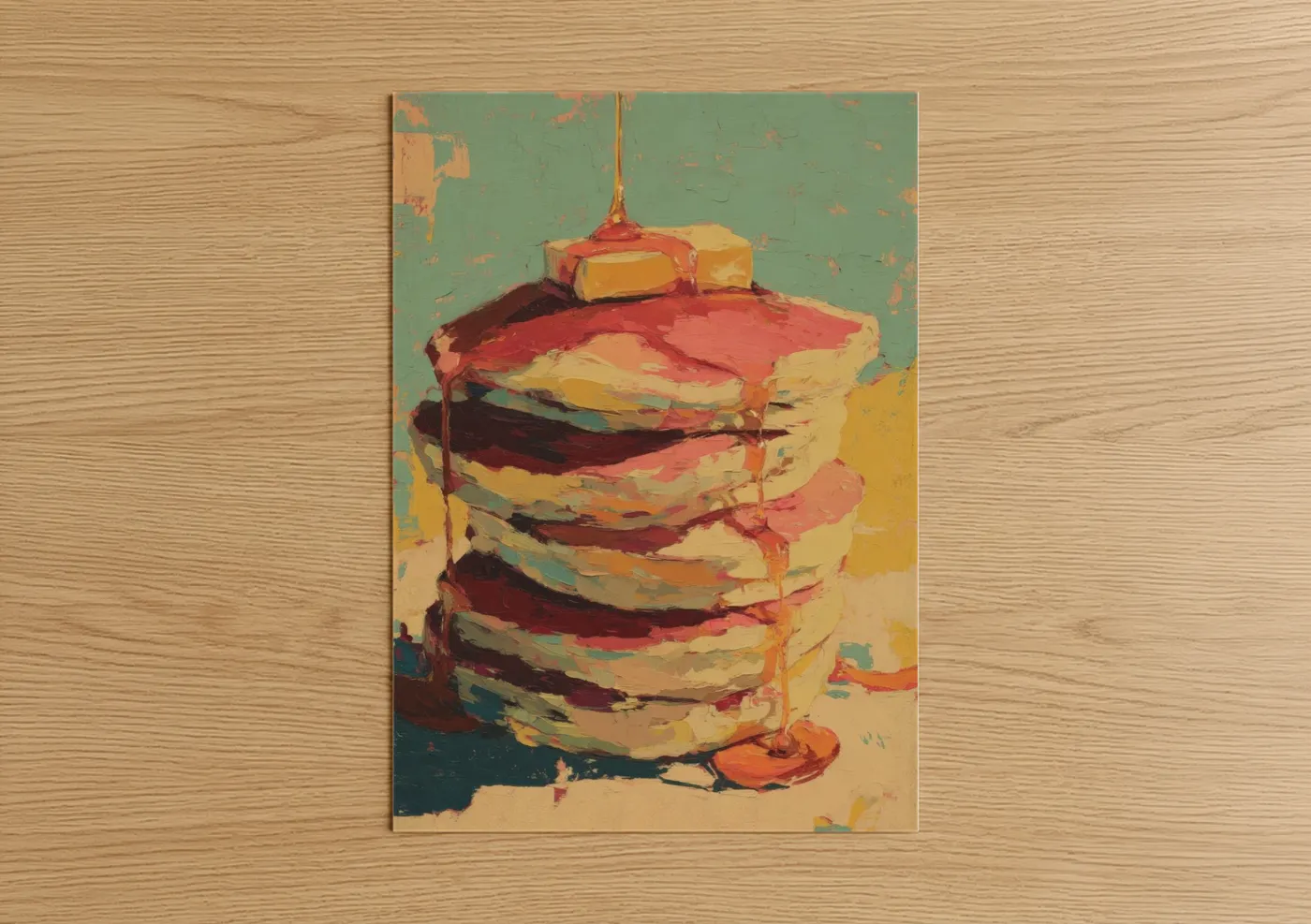 Breakfast art print on warm oak wood — yellow gold and red palette — Syrup Stack Pancakes poster