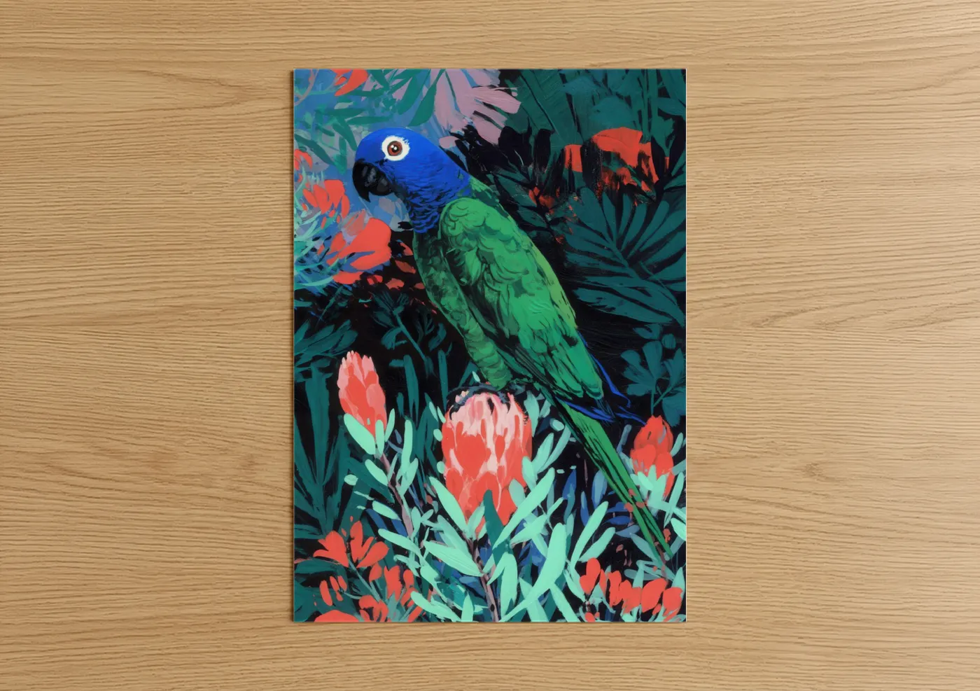 Blue and Green Parrot Tropical Flowers Wall Art