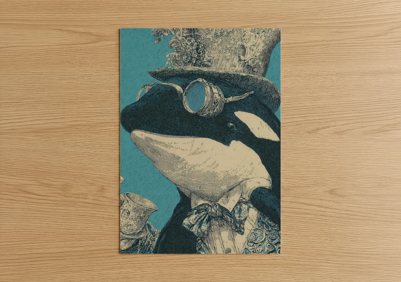 Orca whale art print on warm oak wood — teal and black and white palette — Steampunk Orca poster