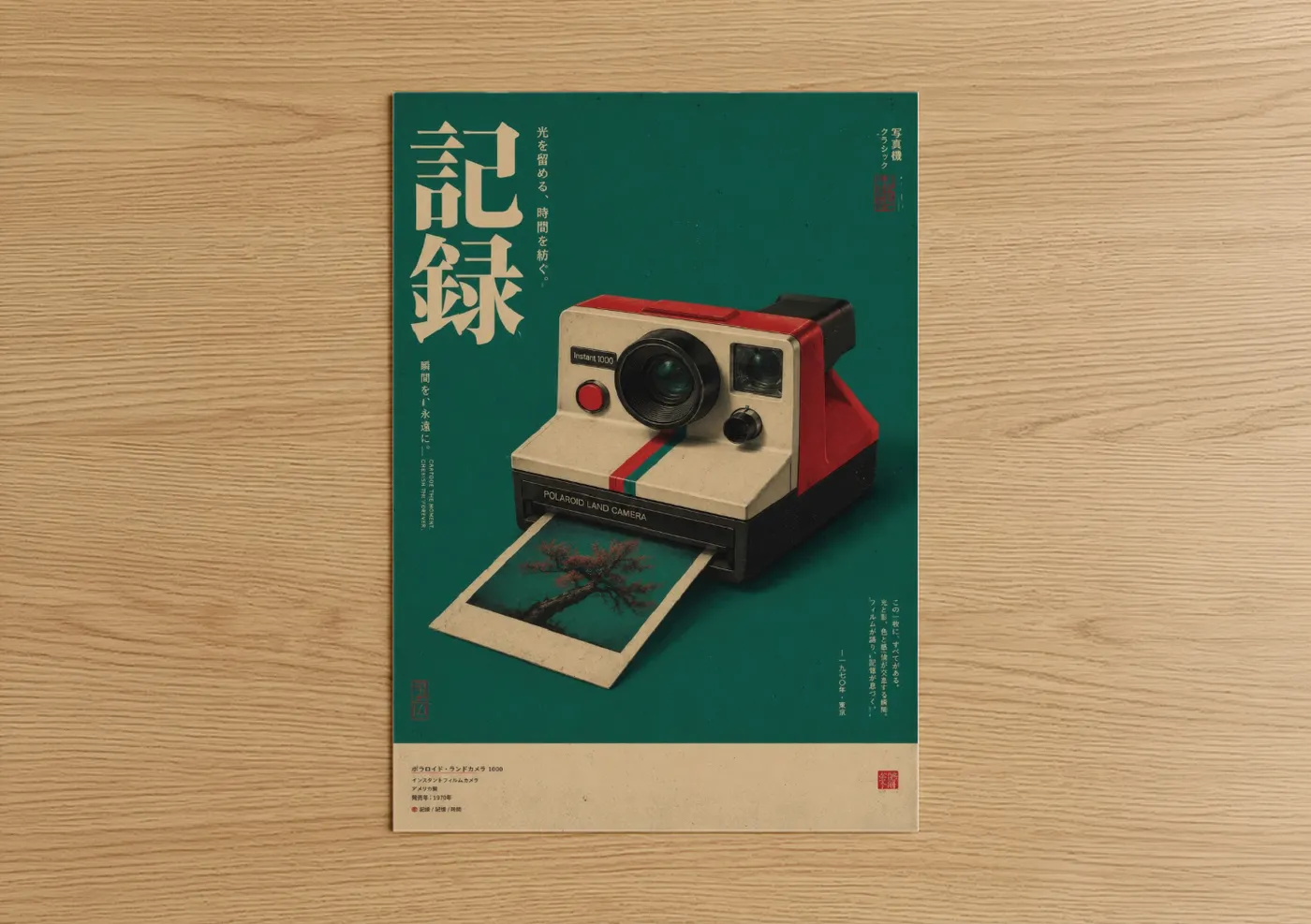 Music equipment art print on warm oak wood — teal and cream palette — Vintage Polaroid Camera Japanese Retrofuturism Wall Art poster