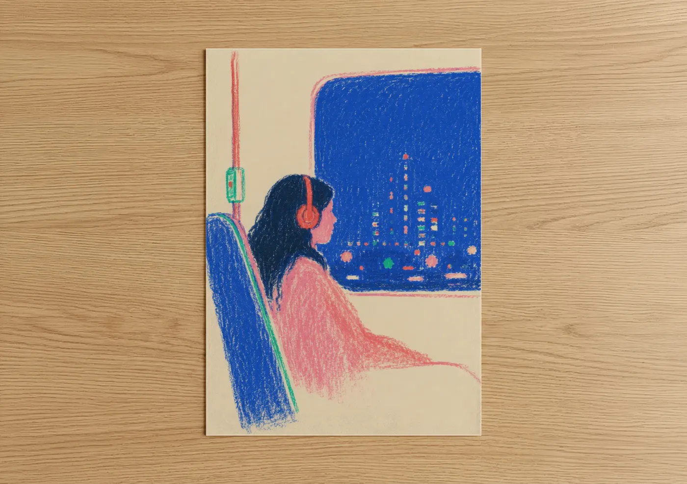 Night sky art print on warm oak wood — blue and peach palette — Night City Window View Wall Art poster