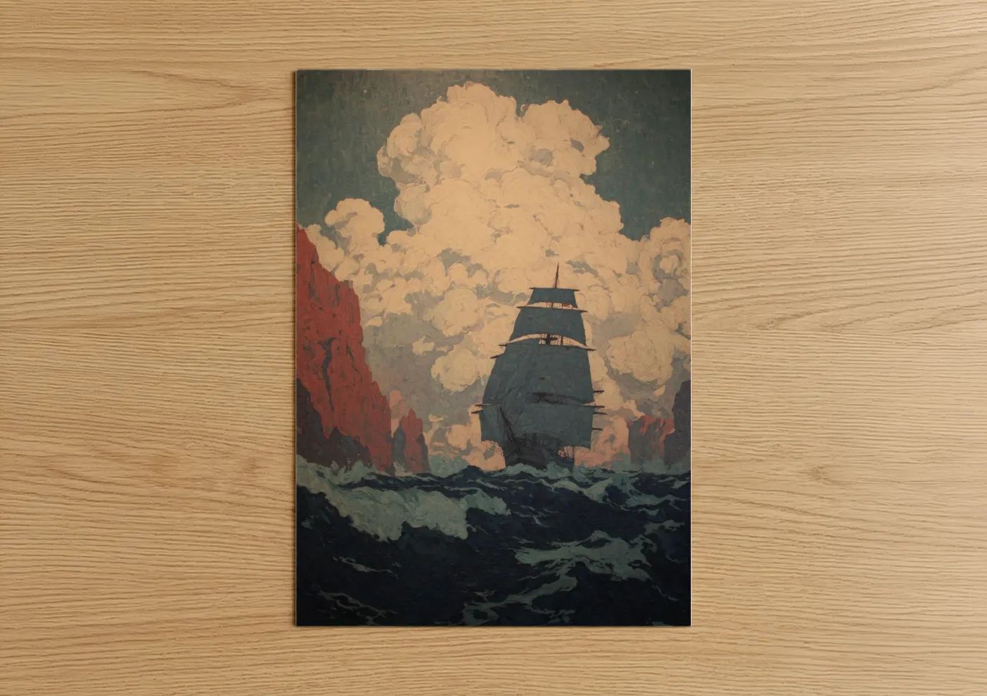 Art print on warm oak wood — black and gold and maroon palette — Dramatic Sailing Ship poster