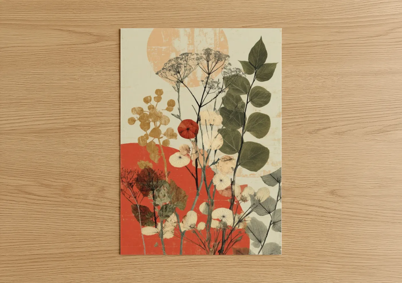Art print on warm oak wood — red and cream palette — Autumn Botanical poster