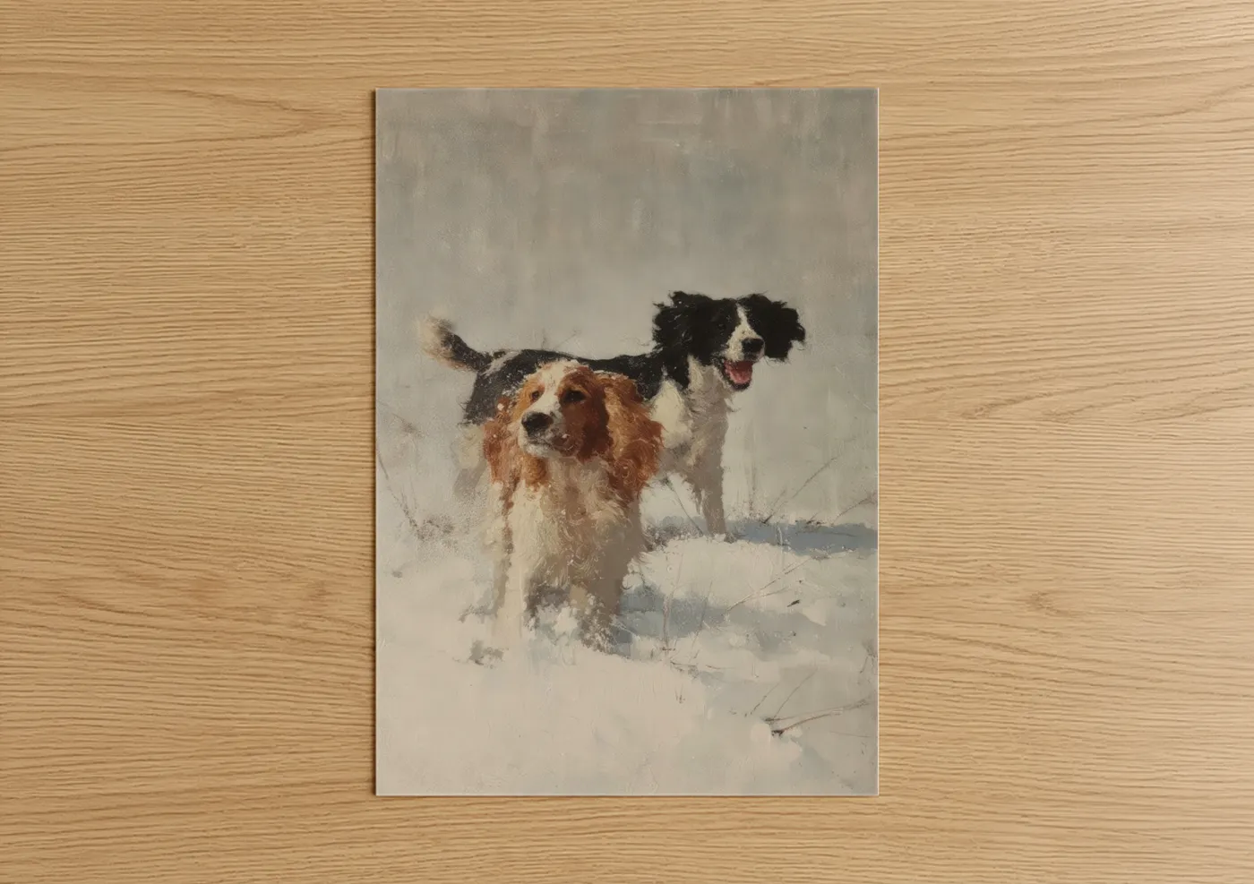 Two Spaniels Winter Snow Scene Wall Art