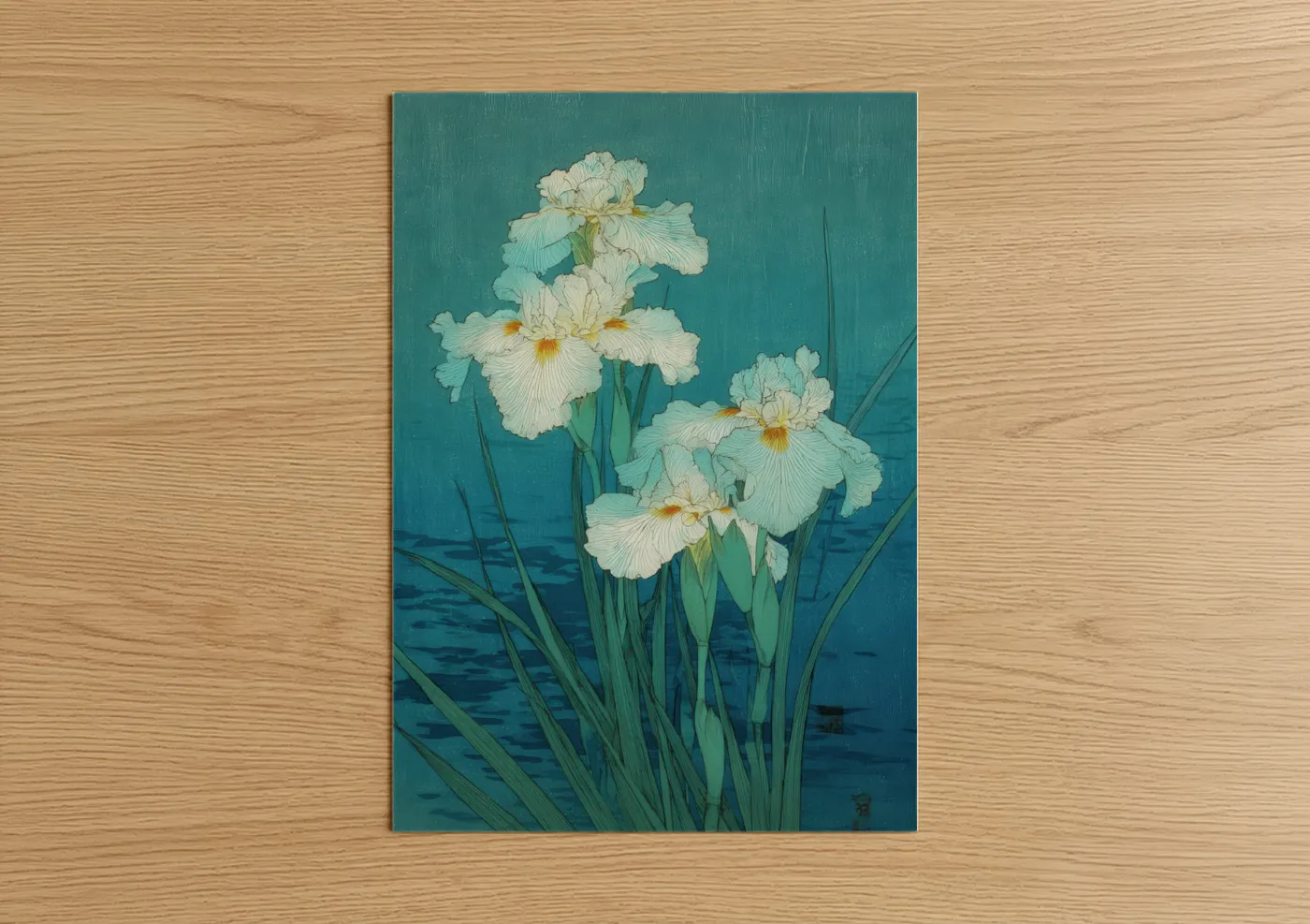 Cream Iris Flowers Teal Background Wall Art