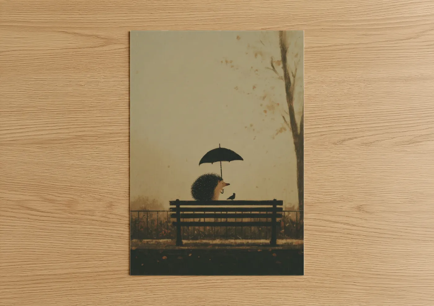Art print on warm oak wood — beige and dark blue palette — Rainy Day Hedgehog poster