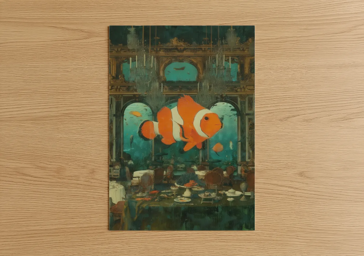 Clown fish art print on warm oak wood — teal and orange palette — Ballroom Clownfish poster